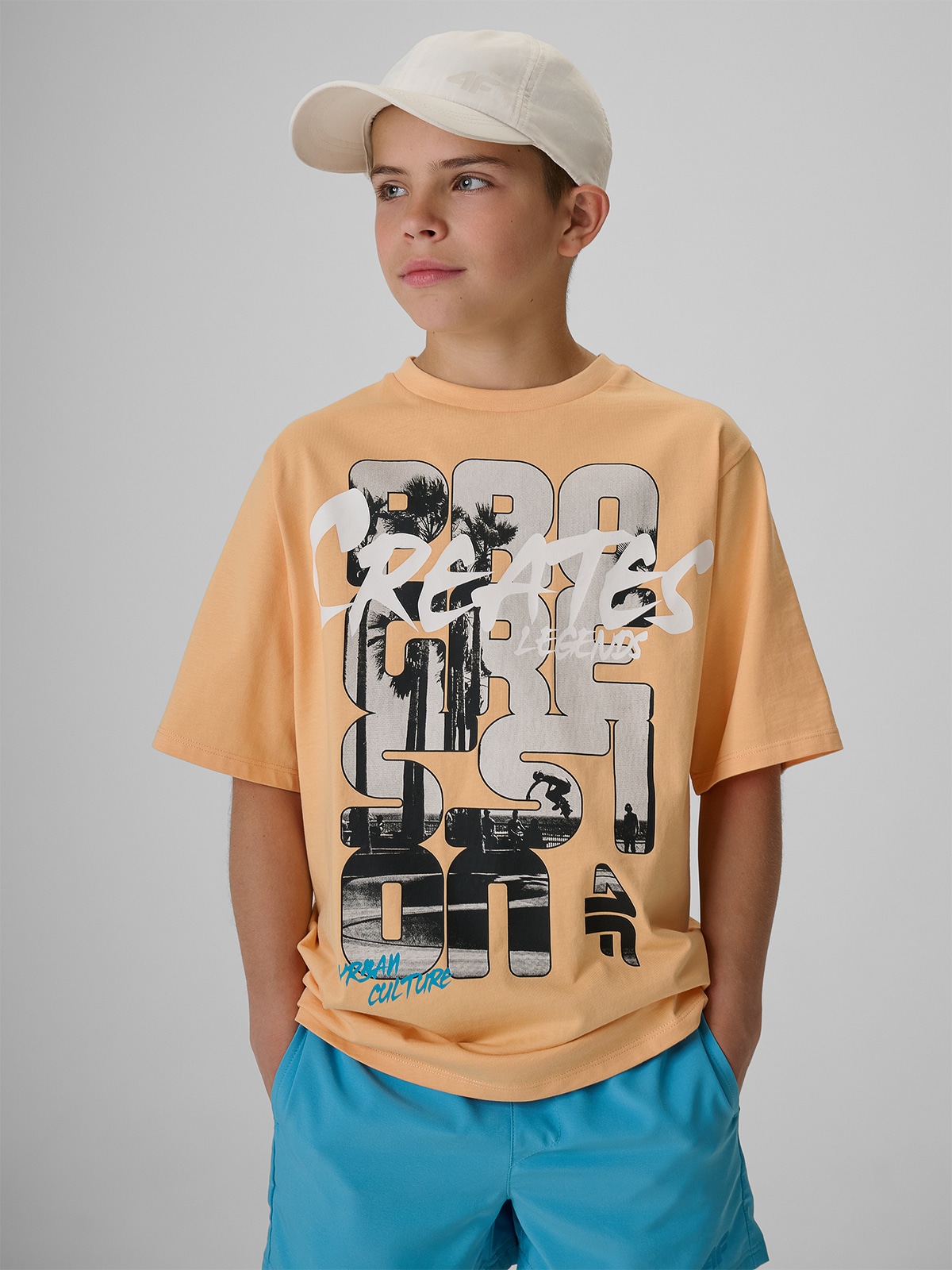 4F T-shirt loose z nadrukiem chłopięcy - pomarańczowy 158/164 (12-14 lat)