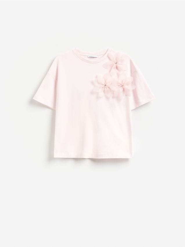 Reserved - T-shirt z kwiatową aplikacją - pastelowy róż