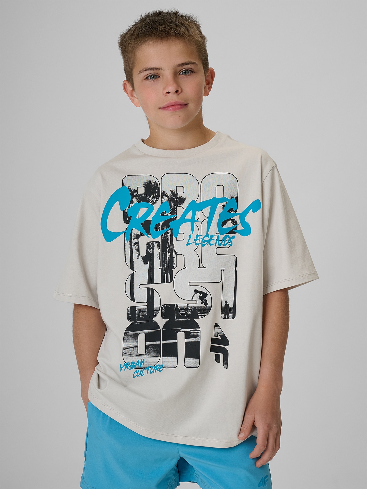 4F T-shirt loose z nadrukiem chłopięcy - szary 158/164 (12-14 lat)
