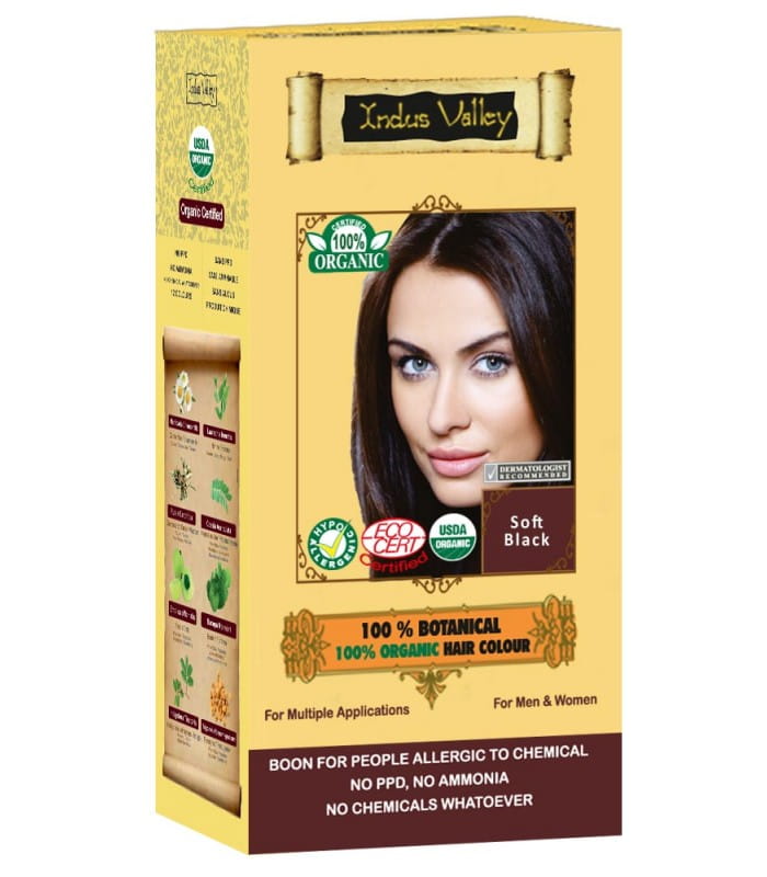 Ziołowa farba z henną, MIĘKKA CZERŃ, w 100% ekologiczna, CERTYFIKOWANA - ECOCERT, VEGE, HALAL, 120 g, Indus Valley