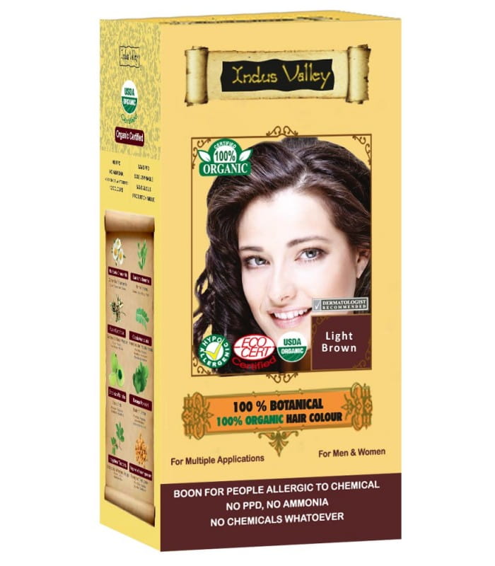 Ziołowa farba z henną, JASNY BRĄZ, w 100% ekologiczna, CERTYFIKOWANA - ECOCERT, VEGE, HALAL, 120 g, Indus Valley