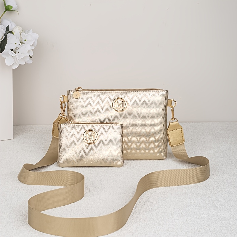 TEMU Modna metaliczna torba crossbody i odłączany mini portfel na monety, modna damska torebka z , lekka torba na ramię z szerokim paskiem