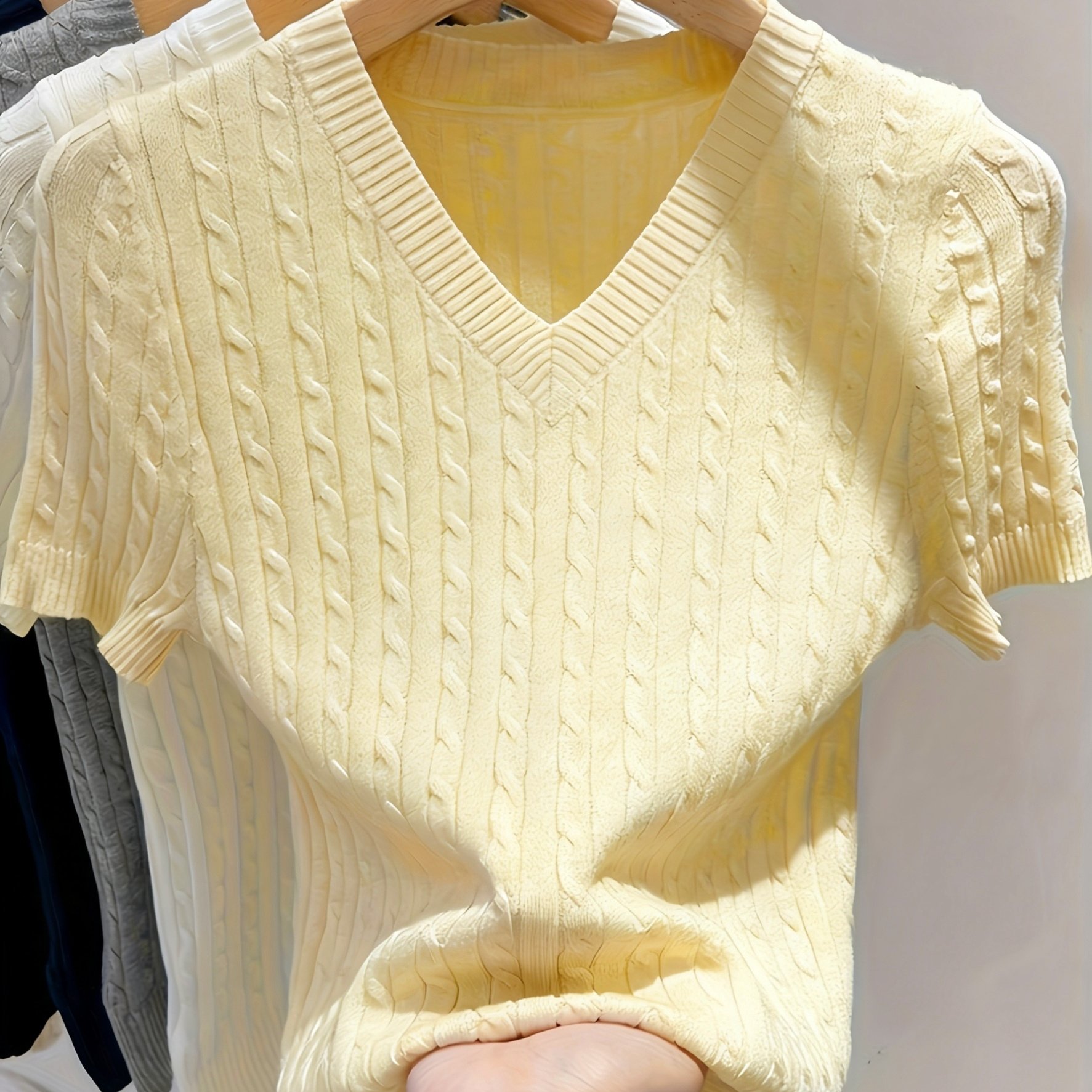 TEMU Damski Elegancki Sweter z Krótkim Rękawem i Przepaskami - Casualowy Pulower z Dekoltem w Serek, Prążkowana Brzeg i Mankiety, Lekki Wiskoza na