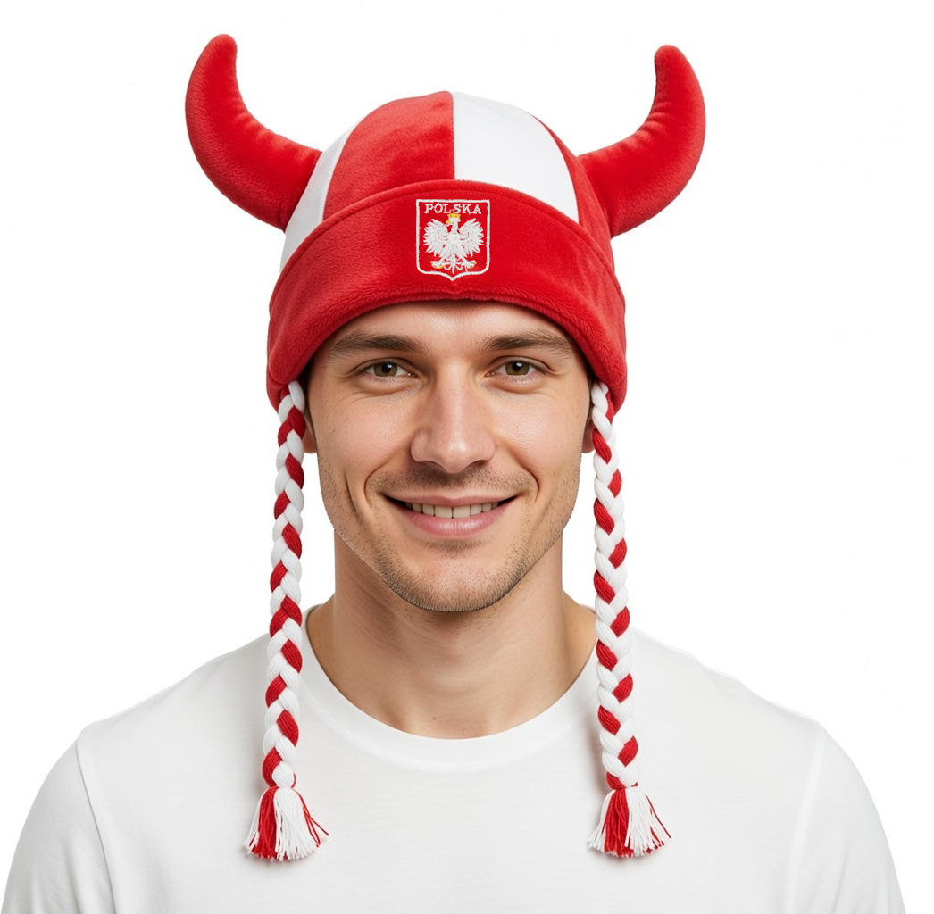POLSKA Czapka Wiking z warkoczami Rogi Biało-czerwoni Kibica Reprezentacji