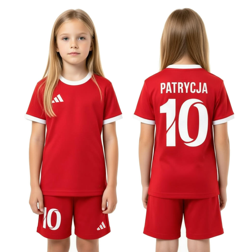 Strój Piłkarski ADIDAS 2w1 dla Dziewczynki Chłopca TWÓJ NAPIS Czerwony