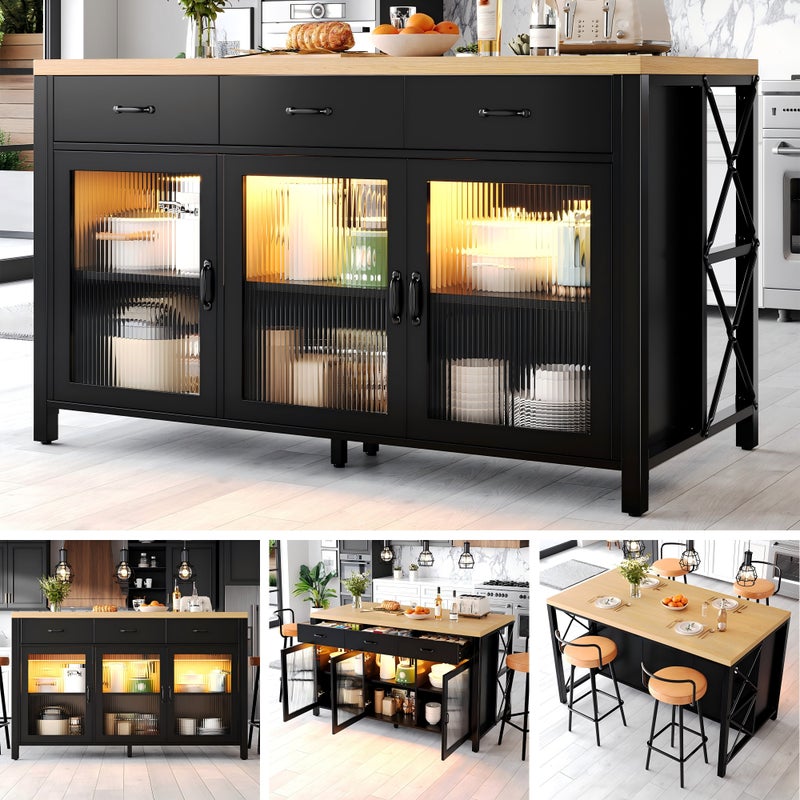 Wyspa kuchenna z 3 szufladami i 3 szklanymi drzwiami - Zintegrowane oświetlenie LED - 150 x 80 x 90 cm - Płyta MDF i metal - Czarny