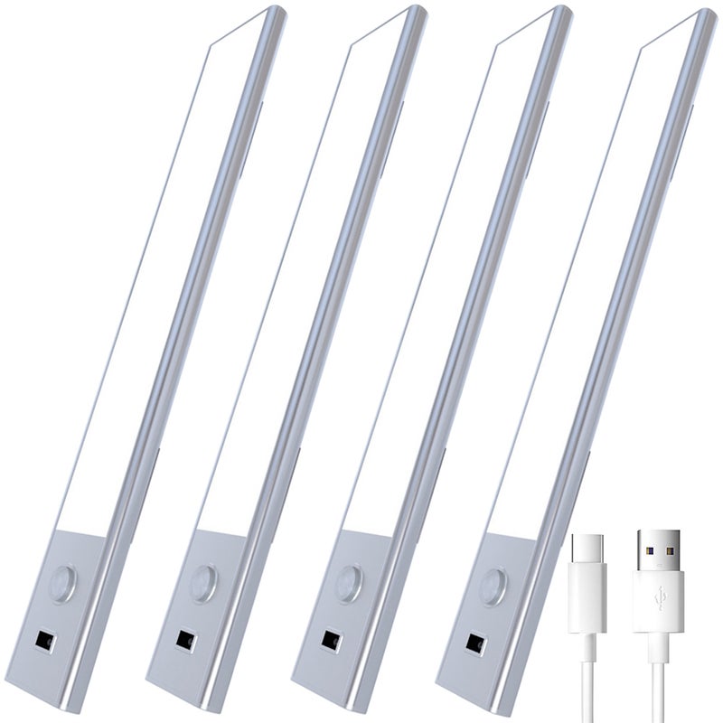 Zestaw 4 lamp podszafowych z czujnikiem ruchu, regulowalna jasność LED do szafek, lampka nocna z czujnikiem ręcznym, 30 cm