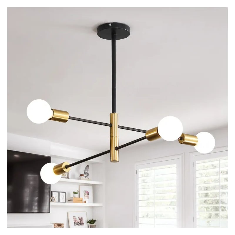 Lampa sufitowa w stylu vintage Sputnik, zawieszenie 4 światła, retro industrialny plafon, nowoczesny żyrandol, czarny i złoty (bez białej żarówki)