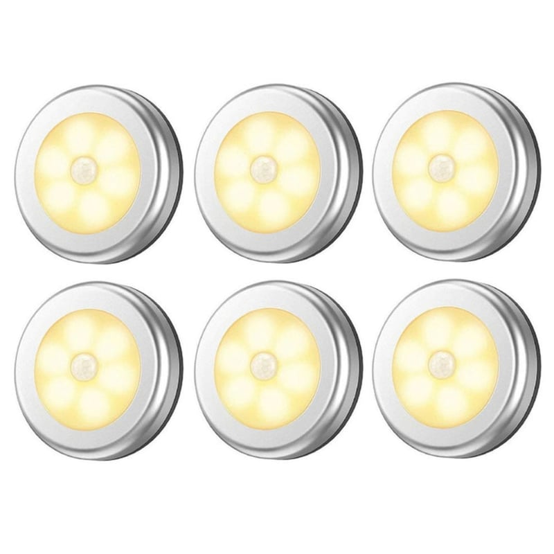 Zestaw 6 lamp z czujnikiem ruchu, LEDowa lampka nocna na baterie, do przyklejenia gdziekolwiek pod szafką, światła schodowe, kinkiety.