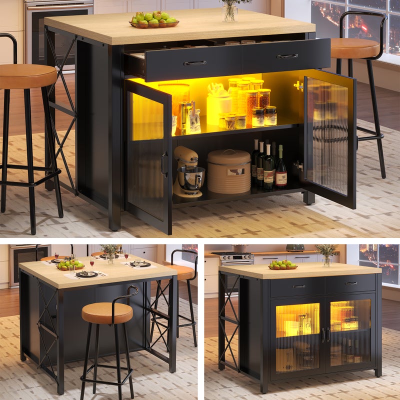 Wyspa kuchenna z 2 drzwiami szklanymi i 2 szufladami - 100 x 80 x 90 cm - MDF i szkło - diody LED - czarna