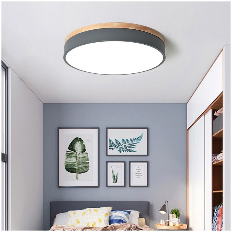 Plafonnier LED, nowoczesny okrągły plafon w stylu drewnianym 24 W, białe światło 6000 K do salonu, sypialni, kuchni, korytarza, jadalni, 30 cm, szary