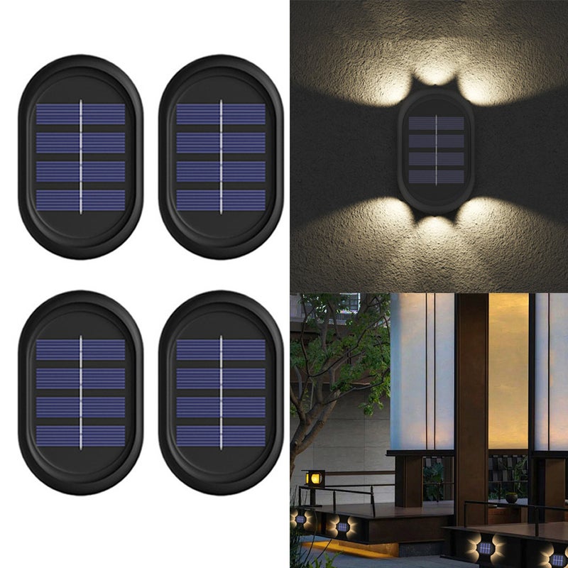 Zestaw 4 zewnętrznych lamp ściennych solarnych, dekoracyjnych, nowoczesny styl, blask od góry do dołu, ciepła atmosfera świetlna solarna