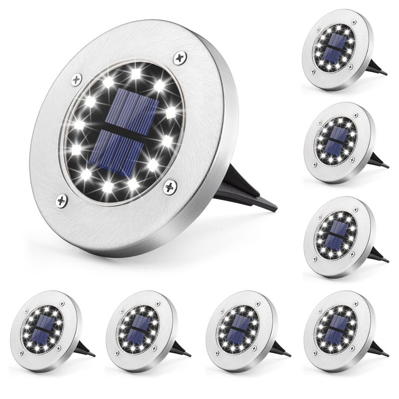 Zestaw 8 lamp solarnych 12 LED, biały, stal nierdzewna, wodoodporne, do ogrodu