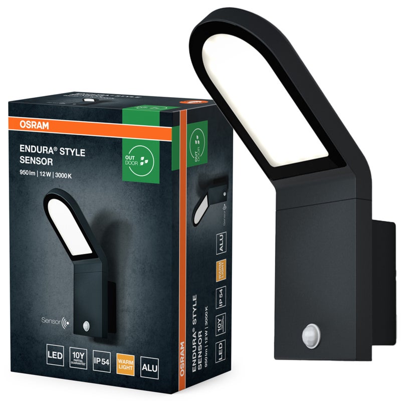 Kinkiet Ogrodowy Osram Lampa Elewacyjna Zewnętrzna LED z Czujnikiem Ruchu i Zmierzchu 12W 740lm 3000K Ciepła biel Szary IP44 1 szt.