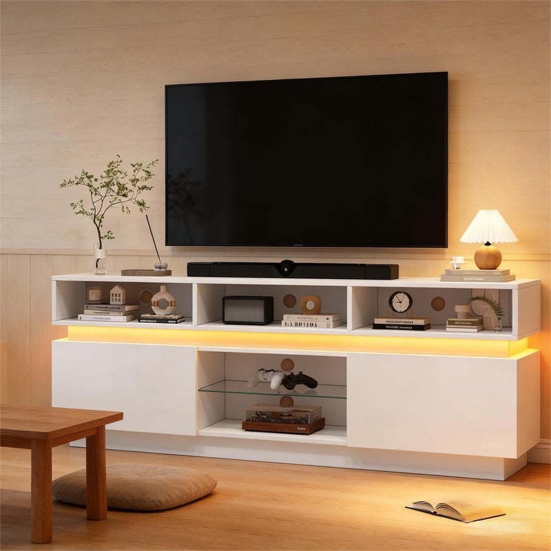 Nowoczesna szafka pod telewizor z regulowanym oświetleniem LED RGB – 5 przegródek i 2 drzwi – MDF + szkło hartowane – 160 x 35 x 60 cm – biała