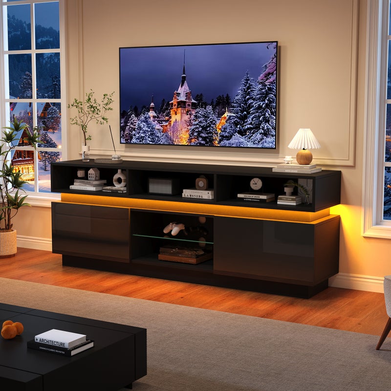 Nowoczesna szafka pod telewizor z regulowanym oświetleniem LED RGB – 5 przegródek i 2 drzwi – MDF + szkło hartowane – 160 x 35 x 60 cm – czarna