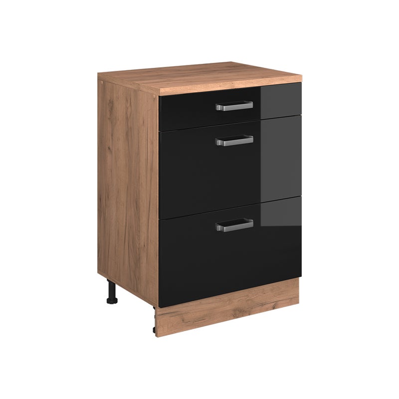 Vicco Kuchenna szafka pod skos R-Line, Czarny połysk, 60 cm bez skosu z 3 szufladami