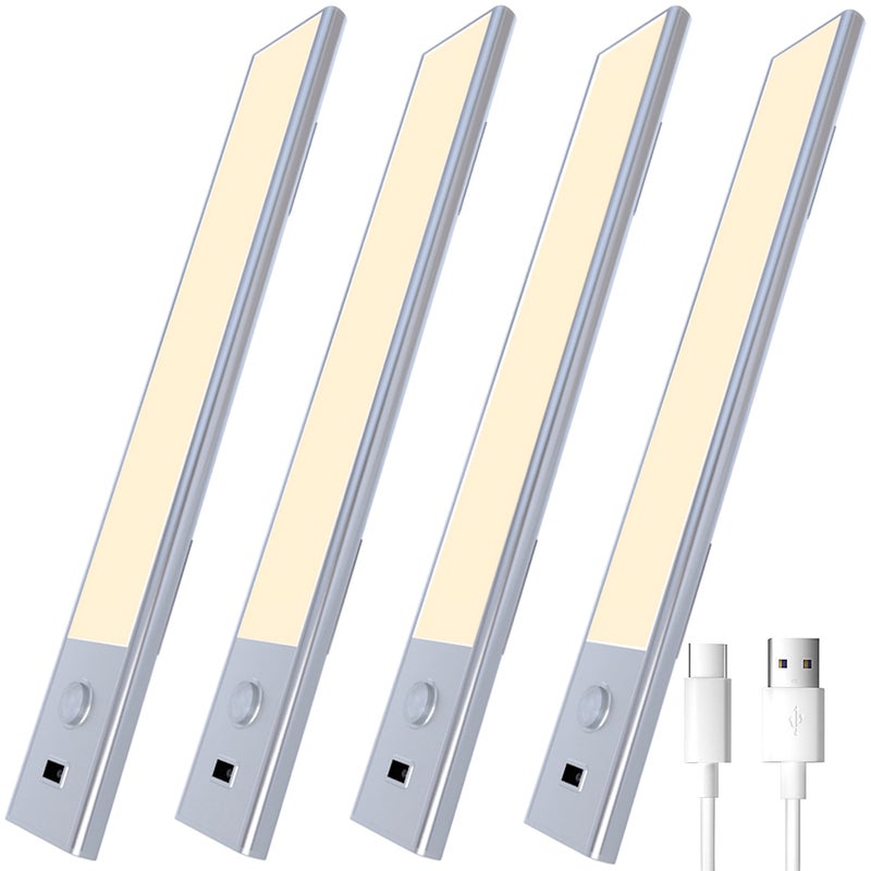 Zestaw 4 lamp LED do montażu pod meblem z czujnikiem ruchu, oświetlenie szafy z regulowaną jasnością, lampka nocna z czujnikiem manualnym, 30 cm