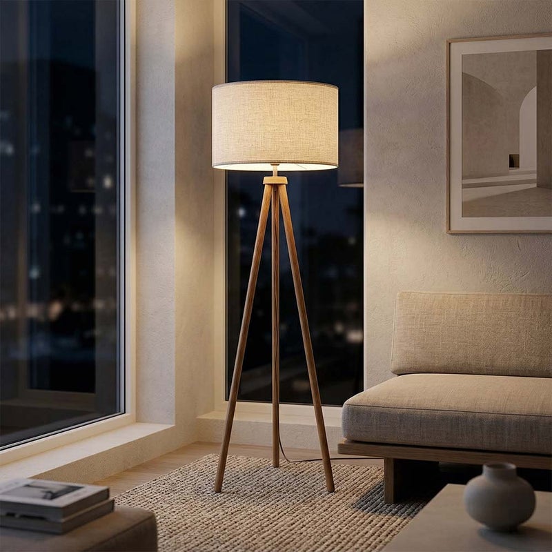 Lampa podłogowa tripod mid-century LED z żarówką E27 12W, abażur lniany, 3 barwy światła, włącznik nożny, do salonu sypialni biura