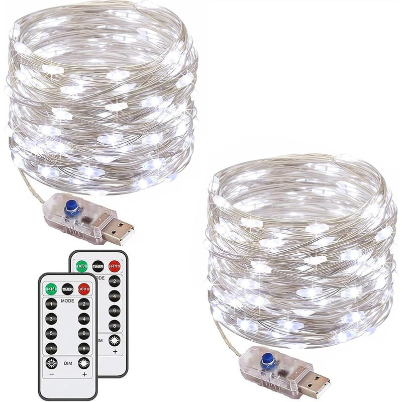 Zestaw 2 lampek choinkowych, 60 diod LED, 6 m, 8 trybów, USB, wodoodporny, miedziany, z pilotem i timerem (białe światło)