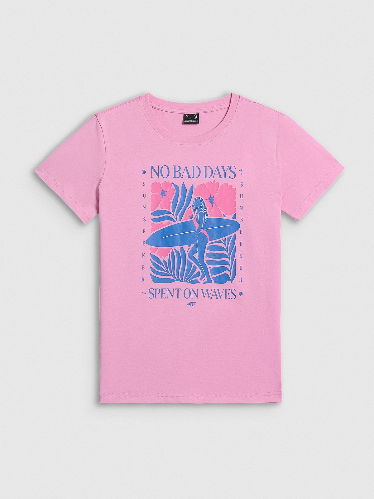 4F T-shirt regular z nadrukiem damski - różowy XS