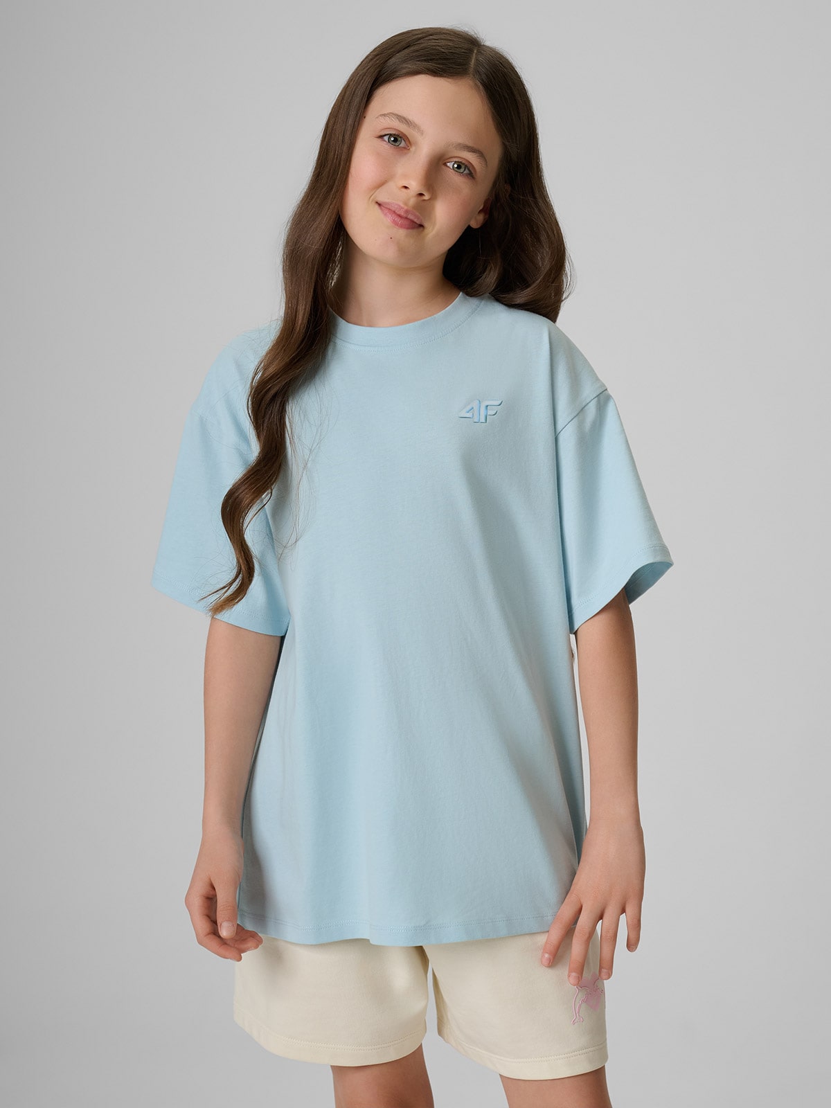 4F T-shirt loose gładki dziewczęcy - niebieski 158/164 (12-14 lat)