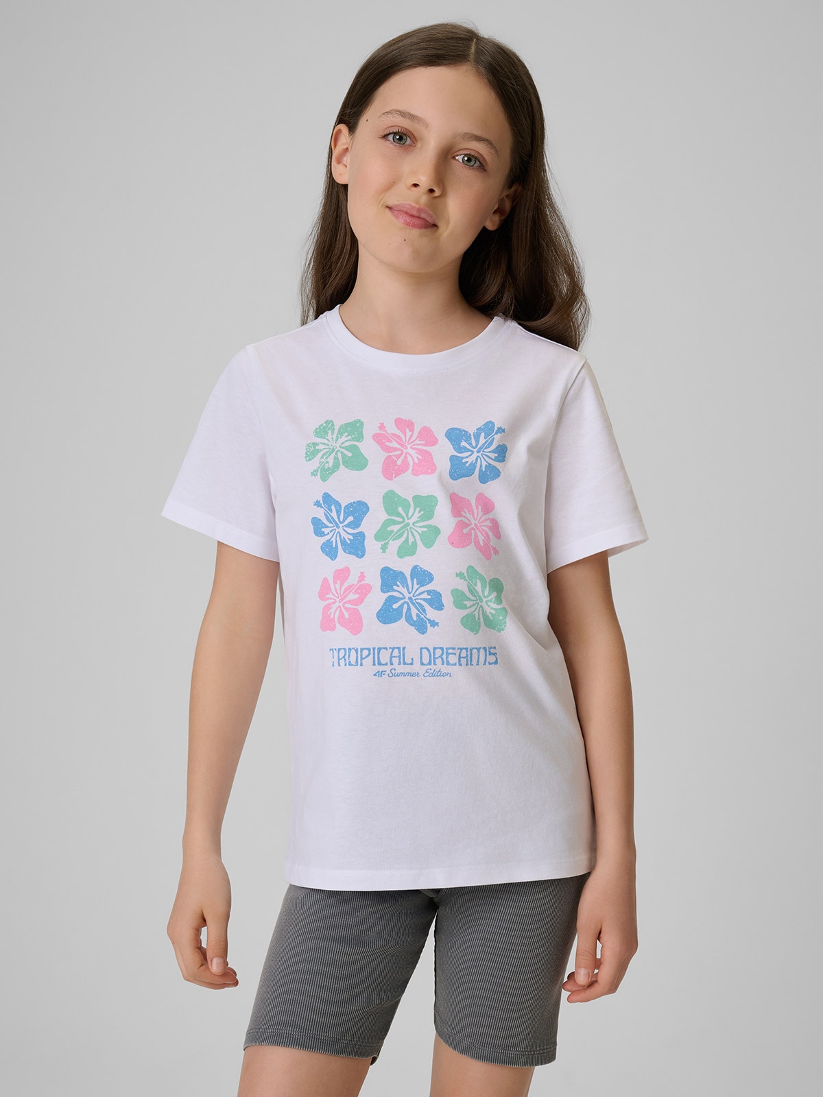 4F T-shirt regular z nadrukiem dziewczęcy - biały 164 (13-14 lat)