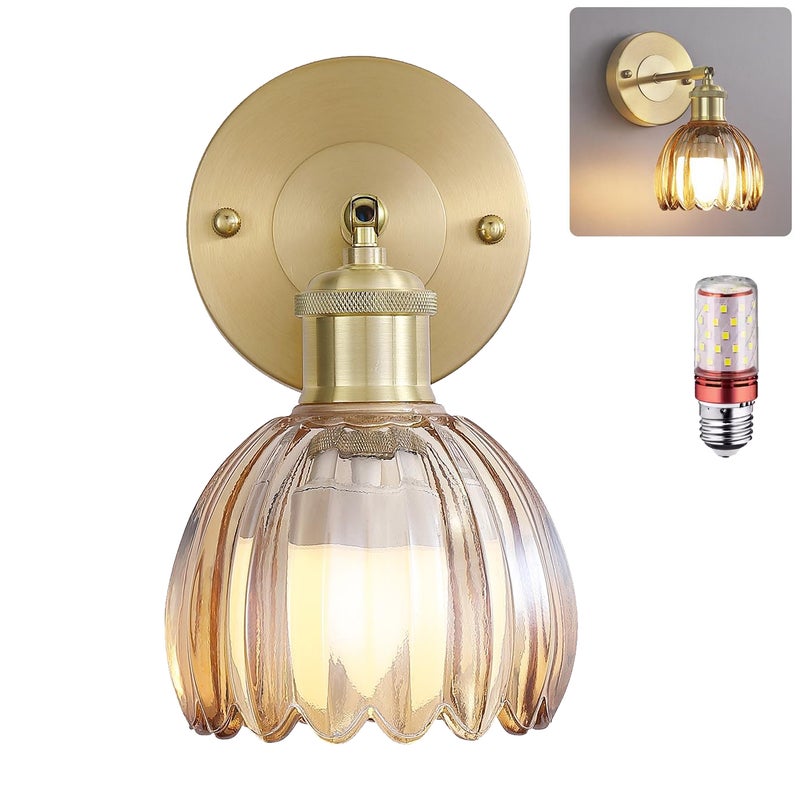 Kinkiet z żarówką, lampka nocna w stylu vintage, kinkiet do lustra łazienkowego, kinkiet kwiatowy ze szklanym kloszem