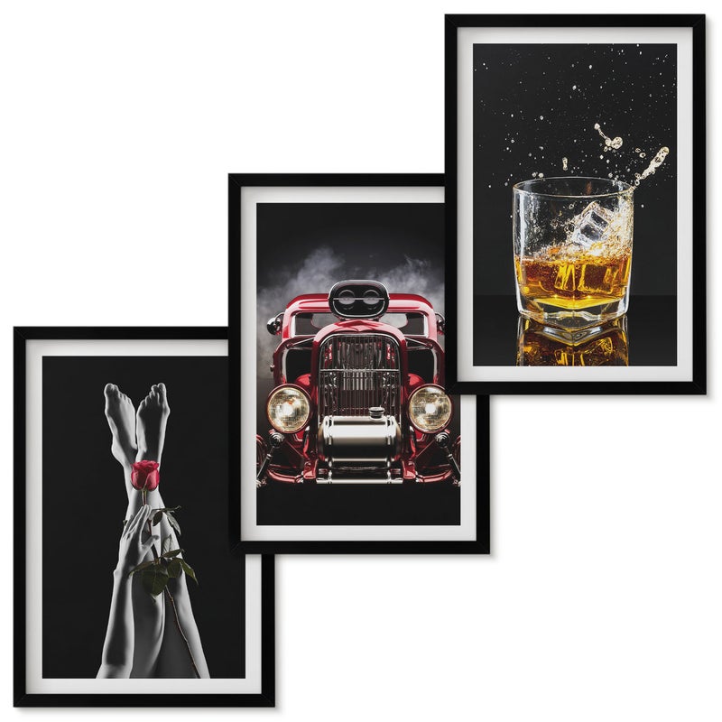 Zestaw obrazów w ramie - 3 części Kobiece nogi z różą stary samochód szklanka whisky Czarna ramka