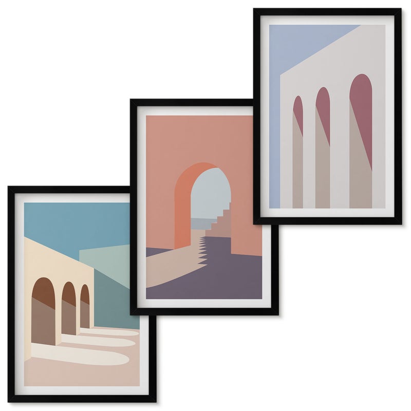 Zestaw obrazów w ramie - 3 części Pastelowe minimalistyczne grafiki architektury miejskiej Czarna ramka