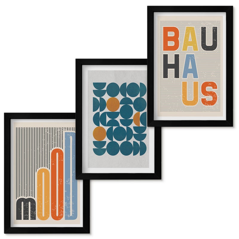 Zestaw obrazów w ramie - 3 części Geometryczne wzory postery styl Bauhaus Czarna ramka