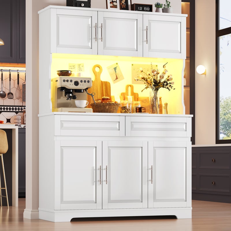 Bufet kuchenny 108x180 cm z oświetleniem LED RGB (aplikacja), wysoka szafka do przechowywania z ergonomicznym blatem i regulowanymi półkami – biały