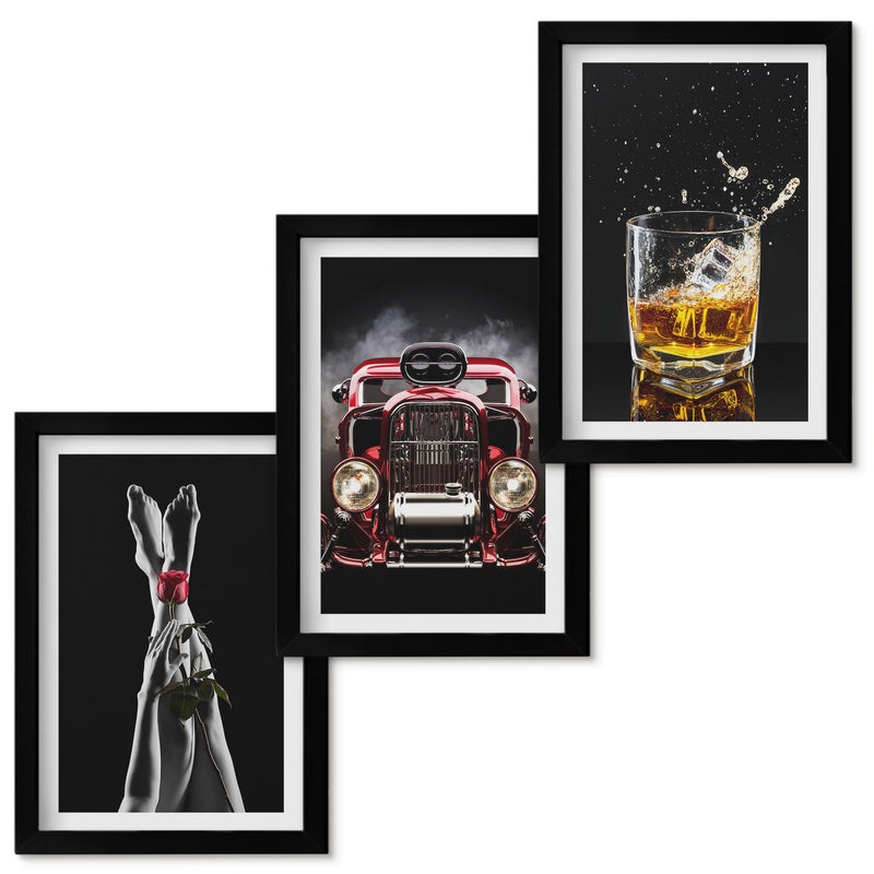 Zestaw obrazów w ramie - 3 części Kobiece nogi z różą stary samochód szklanka whisky Czarna ramka
