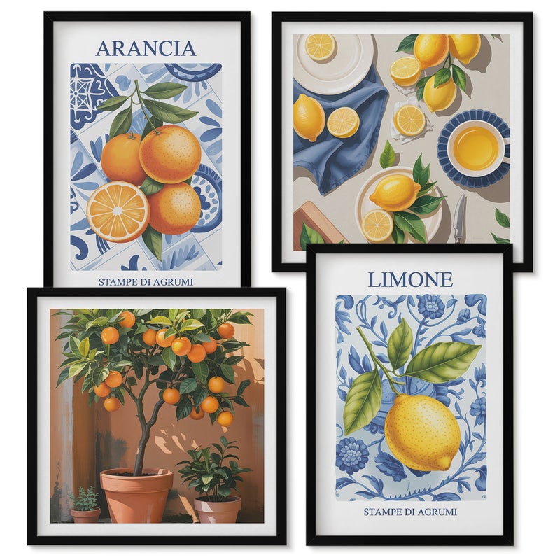 Zestaw obrazów w ramie - 4 części Owocowe ilustracje cytrusów w stylu vintage Czarna ramka