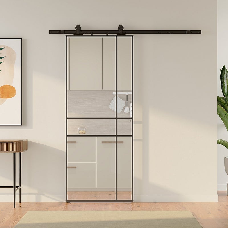 Drzwi przesuwne z systemem naściennym i asymetrycznym designem - aluminium i szkło hartowane - W204 x S83 cm - Czarne - SANIVA