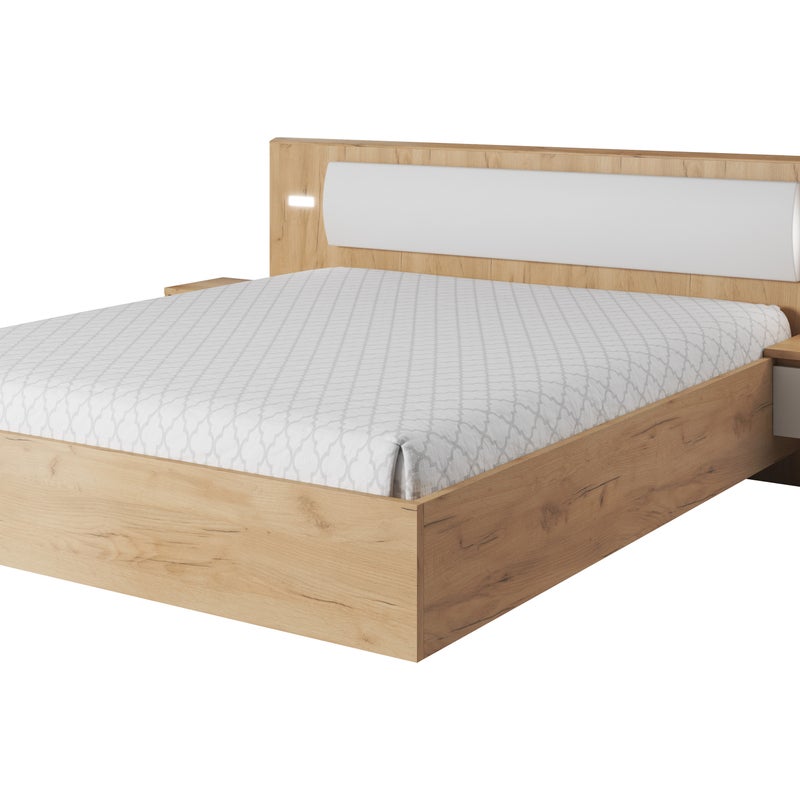 Łóżko 160x200 z 2 stolikami nocnymi, Biała + Dąb Craft Złoty, 256 x 92,3 x 208,2 cm