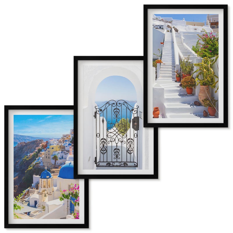 Zestaw obrazów w ramie - 3 części Widoki na Santorini Grecka architektura miasta Oia Czarna ramka