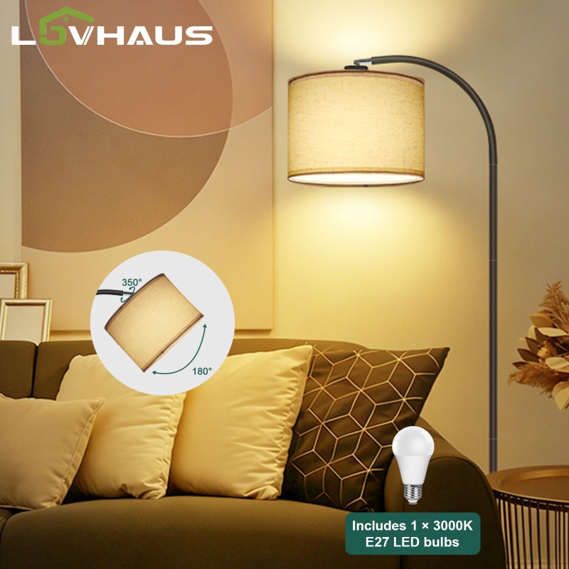 Lampa łukowa 161 cm czarna, lampa podłogowa sypialnia, abażur len beżowy regulowany, lampa do czytania dzieci, przełącznik nożny, LED E27, LOVHAUS