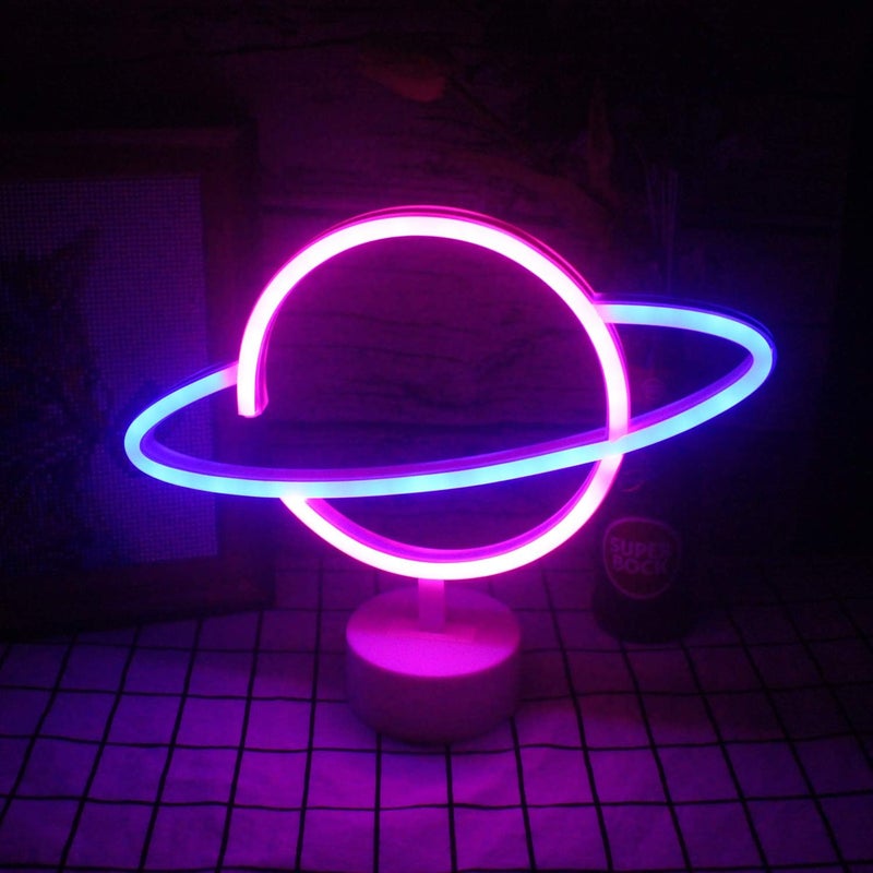 Lampa neonowa LED Wanxing Planet z podstawą – jasnoniebiesko-różowa lampa stołowa – lampka nocna USB – dekoracja stołu – do pokoju dziecięcego