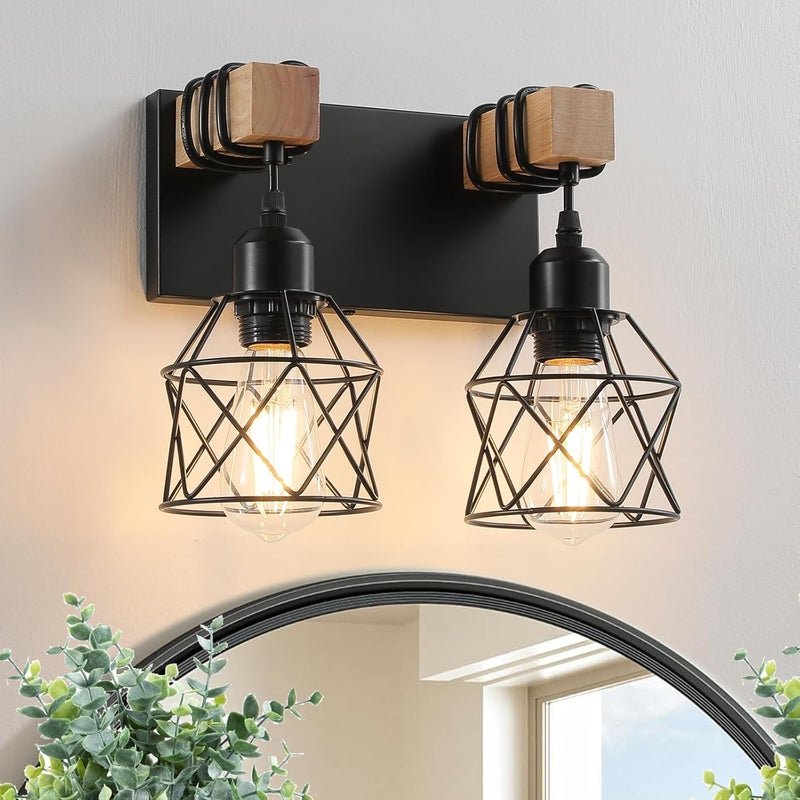 Lampa Ścienna Przemysłowa 2 Światła - Oświetlenie Do Łazienki Ciepłe Światło - Żarówka ST64 W Zestawie - Nowoczesny Styl Do Toaletki i Wnętrz