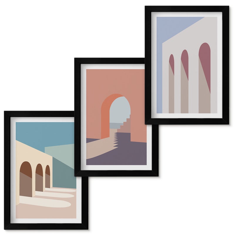 Zestaw obrazów w ramie - 3 części Pastelowe minimalistyczne grafiki architektury miejskiej Czarna ramka