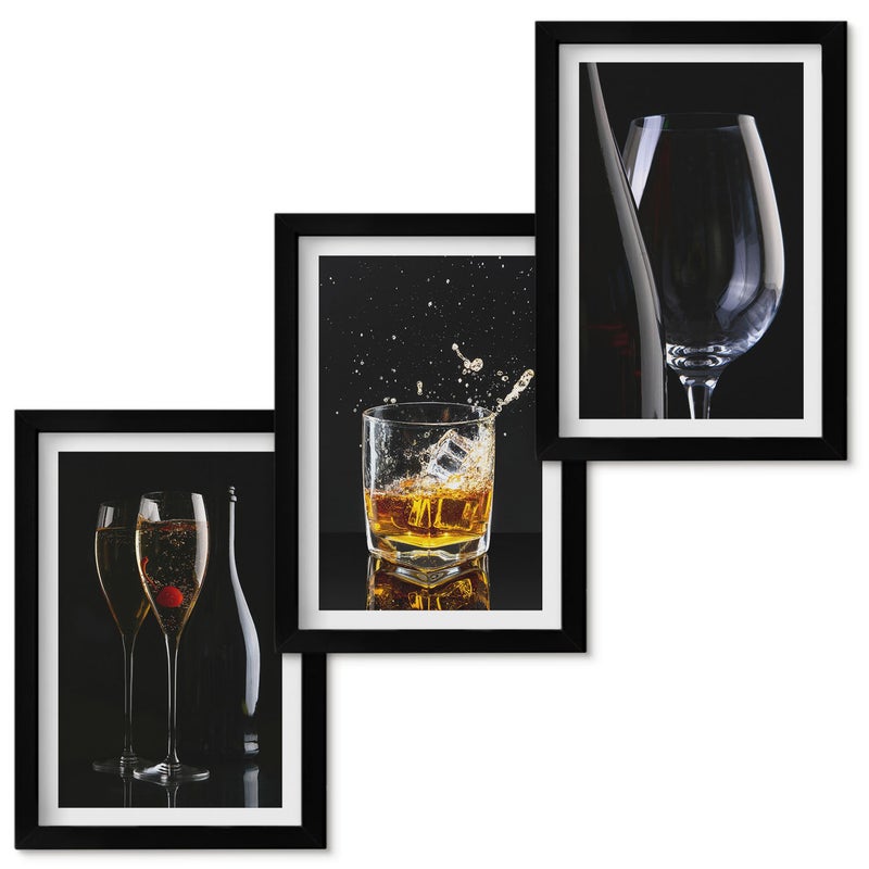 Zestaw obrazów w ramie - 3 części Kieliszki z winem i whisky na czarnym tle Czarna ramka