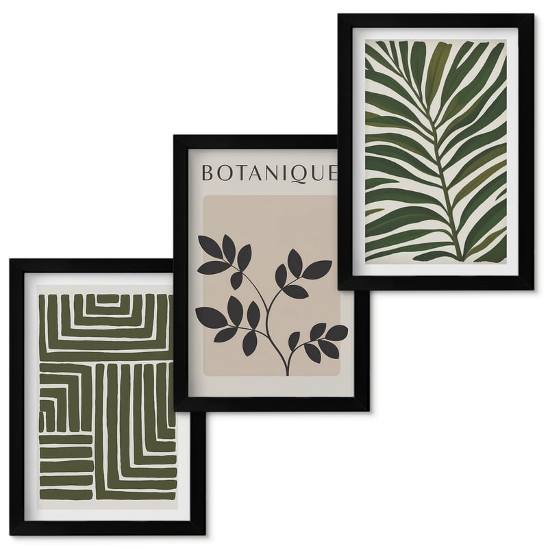 Zestaw obrazów w ramie - 3 części Botaniczne kompozycje w stylu boho minimalizm Czarna ramka