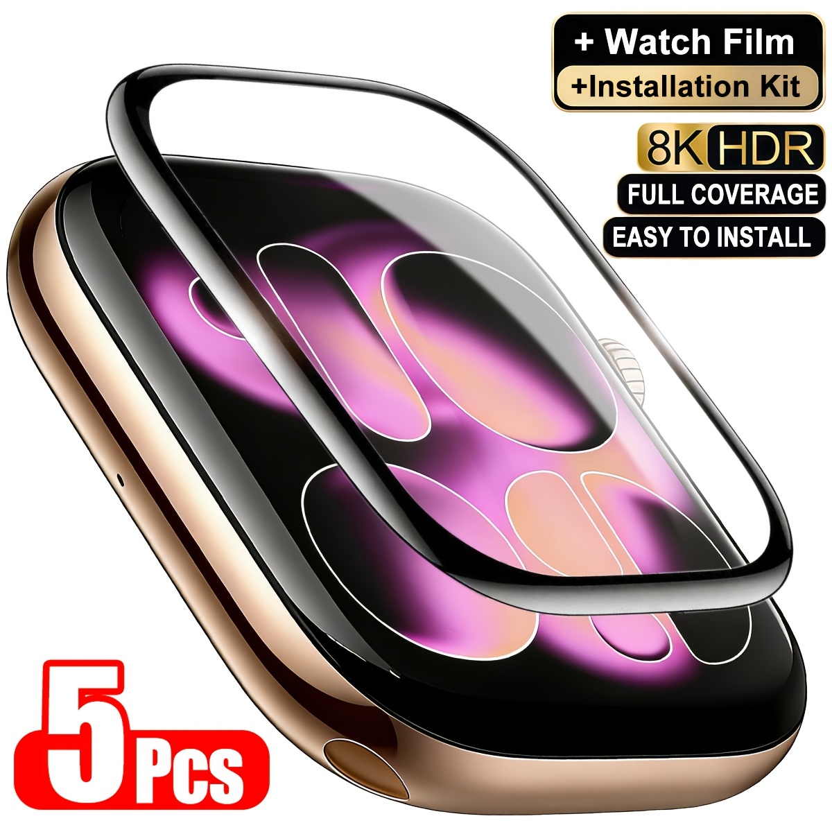 TEMU 5 szt. HD Szkło ochronne na cały ekran z zakrzywioną folią kompozytową i w stylu włókna węglowego, odpowiednie do Apple Watch