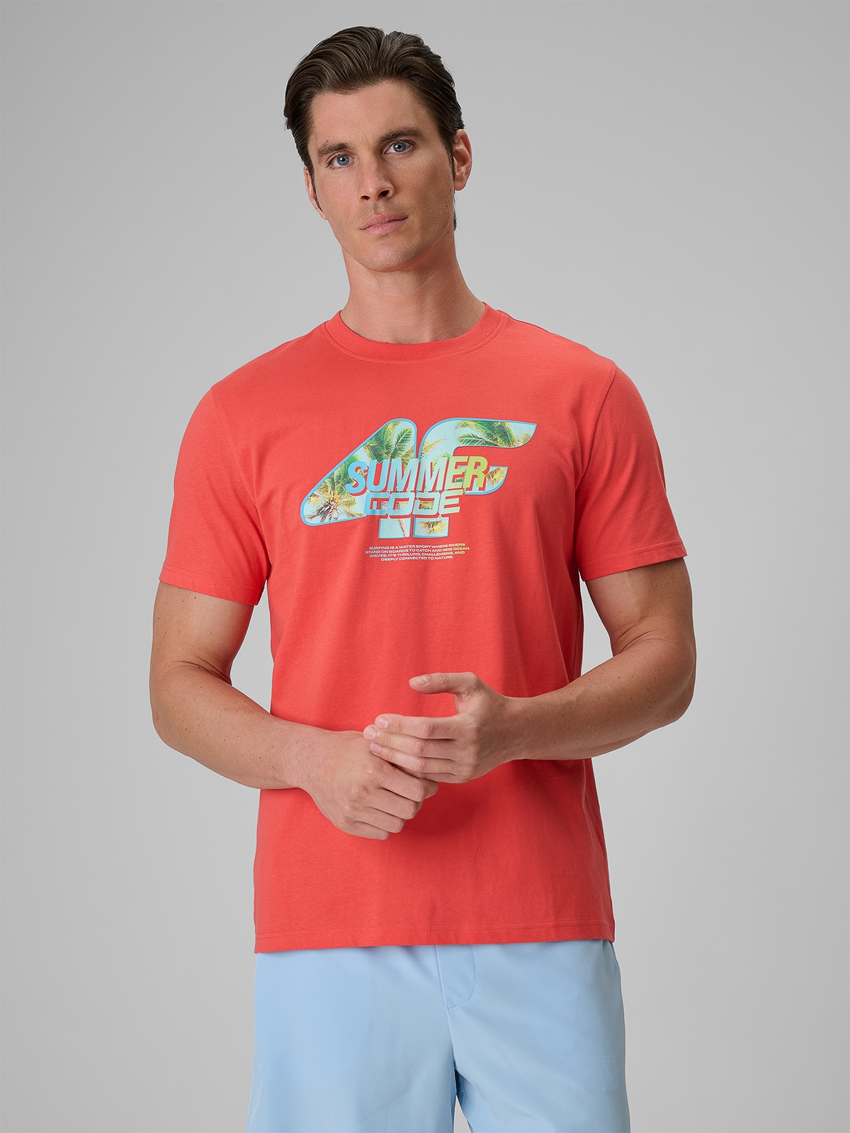 4F T-shirt regular z nadrukiem męski - koralowy XXL