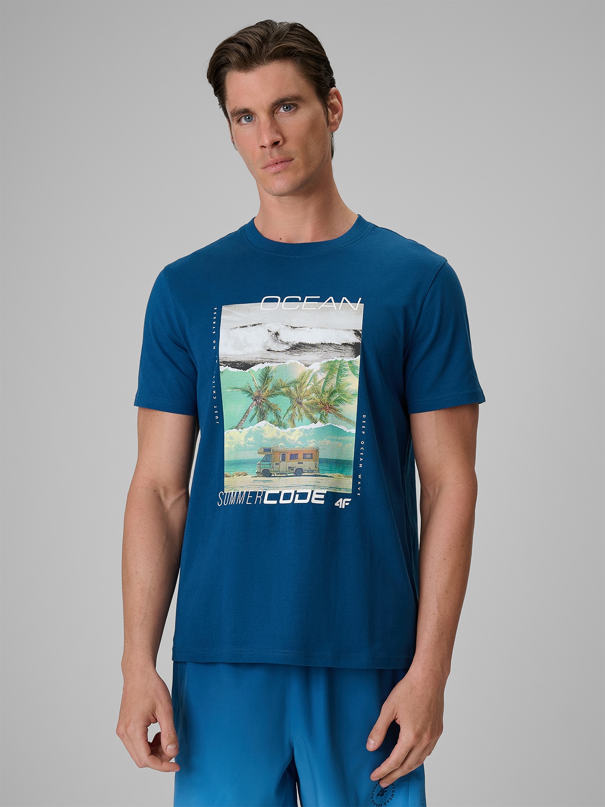 4F T-shirt regular z nadrukiem męski - turkusowy XXL