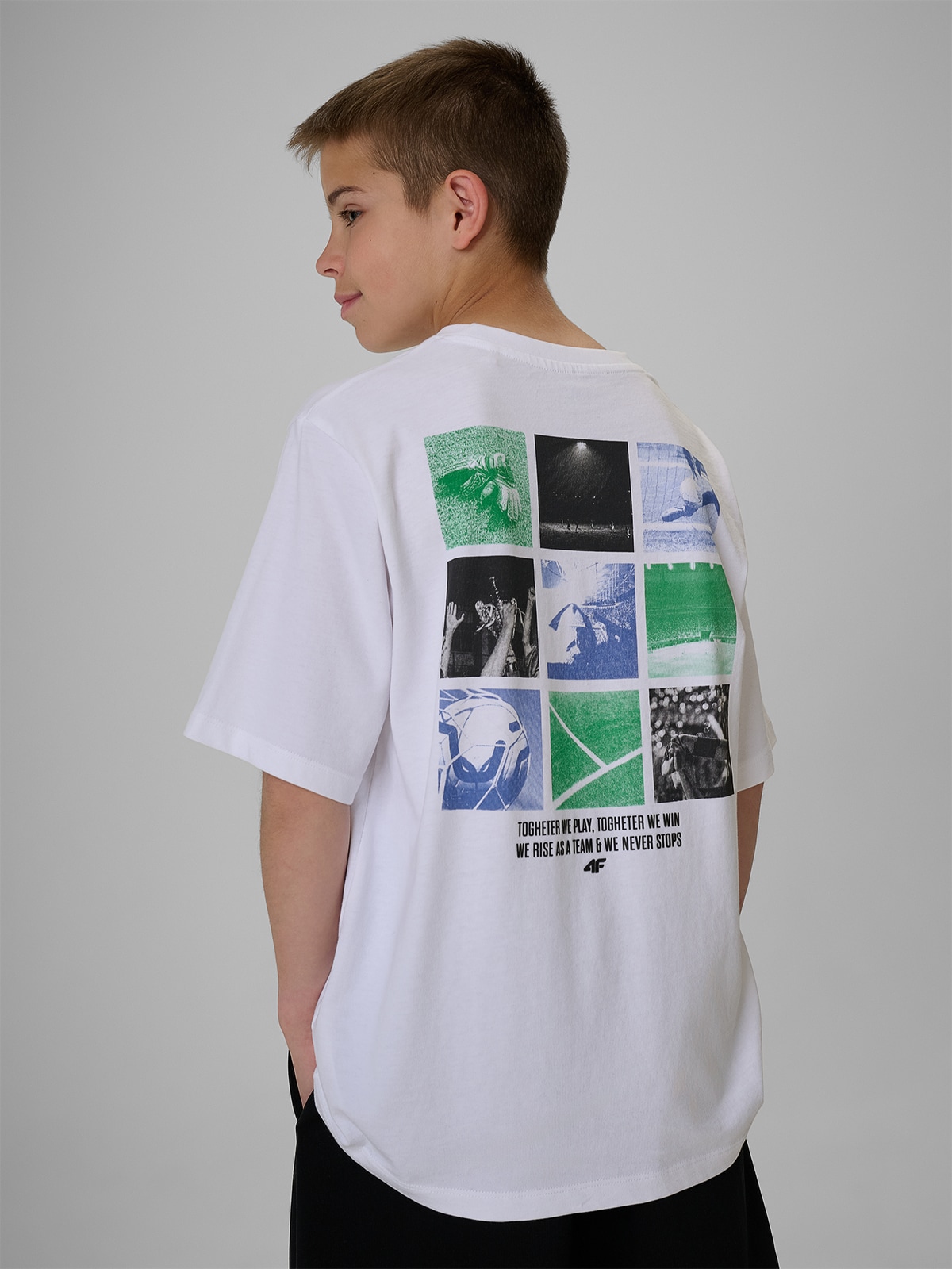 4F T-shirt loose z nadrukiem chłopięcy - biały 134/140 (8-10 lat)