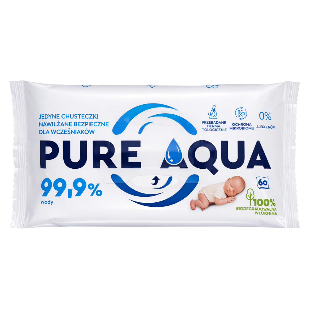 Opharm Pure Aqua, chusteczki nawilżane dla dzieci, 99,9% wody, 60 sztuk