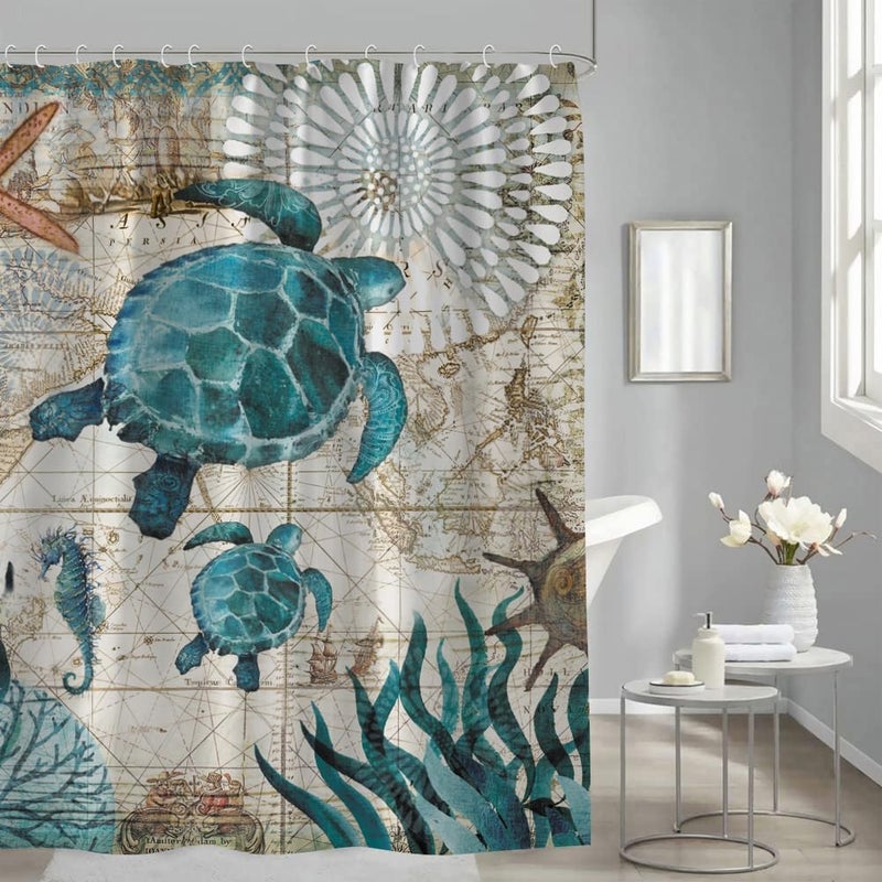 Zasłona prysznicowa anty-pleśniowa, zasłona do łazienki, 180x200 cm, piękny nadruk z żółwiem morskim, wodoodporna tkanina z 12 wytrzymałymi haczykami