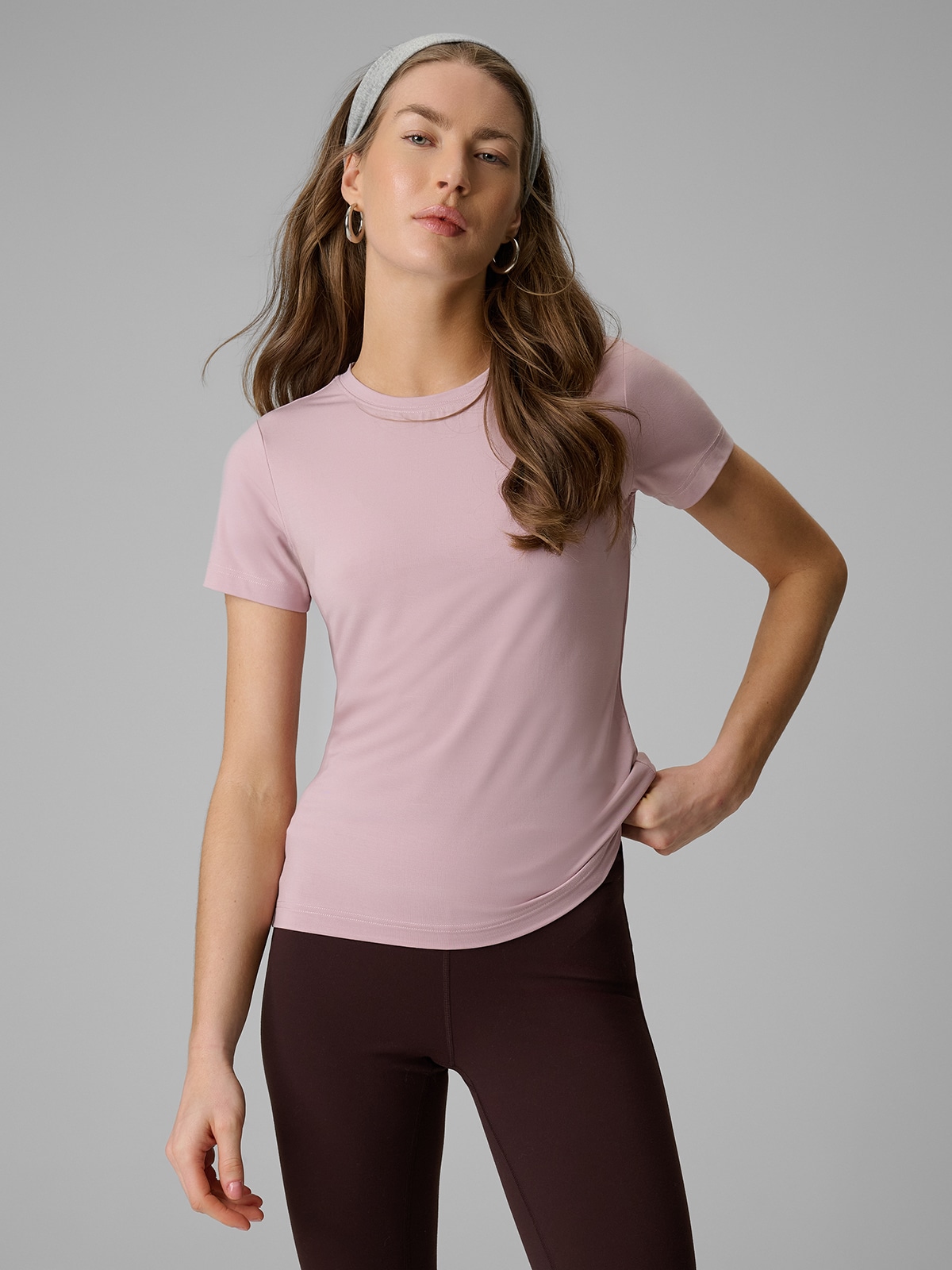 4F T-shirt slim gładki damski - różowy XS
